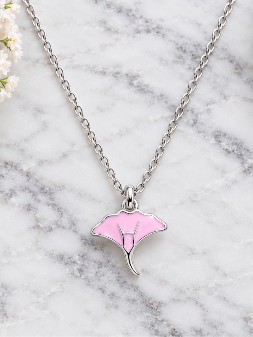 Silver Tone Pink Manta Ray Pendant Necklace